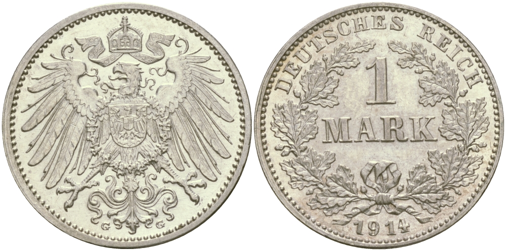 Германия 1 марка 1914 G Weege 18, J. 17, KM 14 серебро aUNC 98-1157