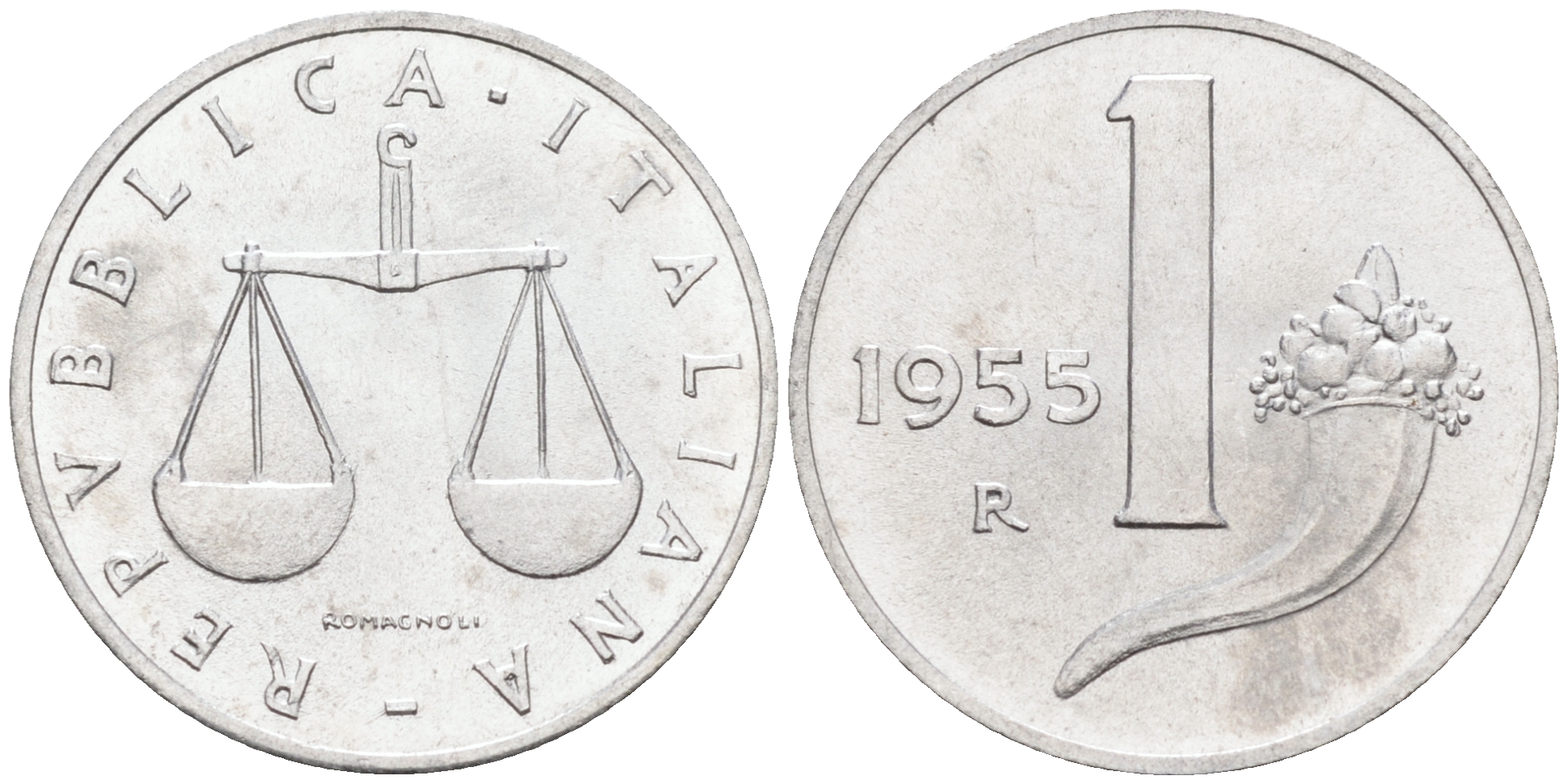 Италия 1 лира 1955 R, весы KM 91 алюминий  UNC  4594-649