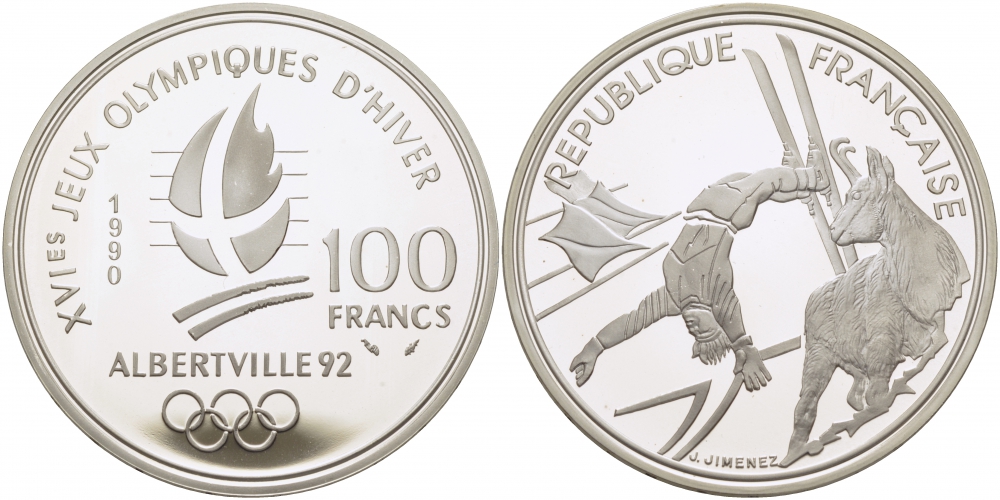 Франция 100 франков 1990 XVI Зимние Олимпийские игры 1992 в Альбервиле, фристайл KM 983 серебро PROOF 1077-3-43