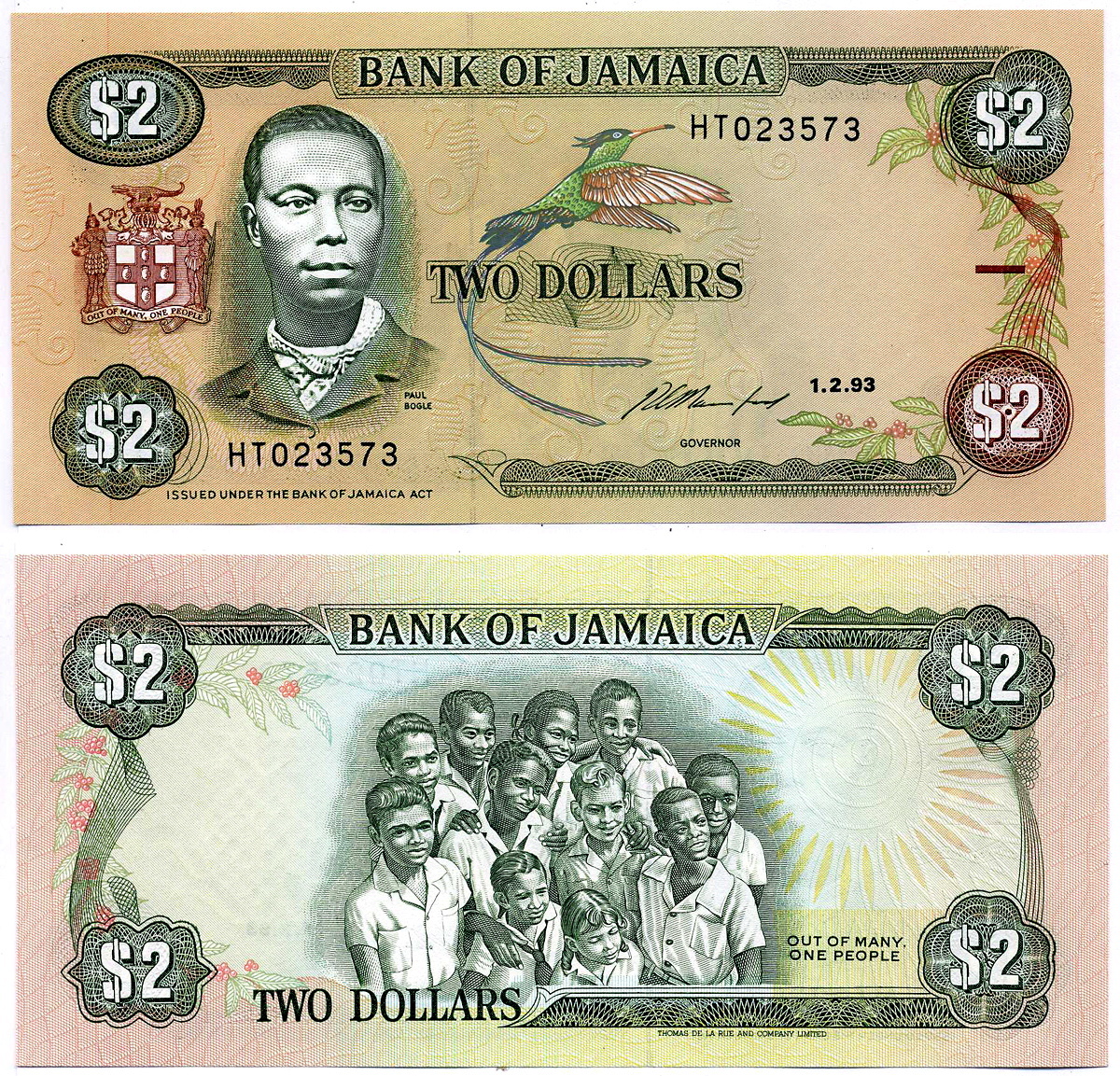 Ямайка 2 доллара 1993 1 февраля 1993, подпись 11, ПОЛ БОГЛ Pick 69е бумага UNC (пресс) 2197-20-3-2
