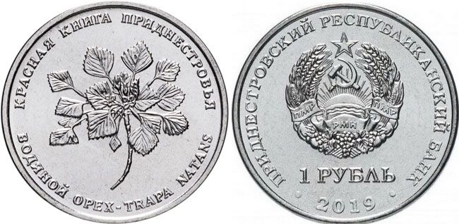 Приднестровье 1 рубль 2019 серия красная книга, водяной орех MD-TR-000345 никелированная сталь UNC M64-05