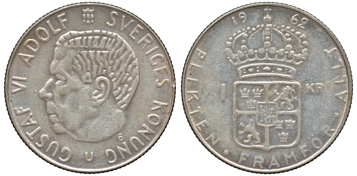 Швеция 1 крона 1962 U, Густав VI Адольф (1950-1973) KM 826 серебро 4178-746