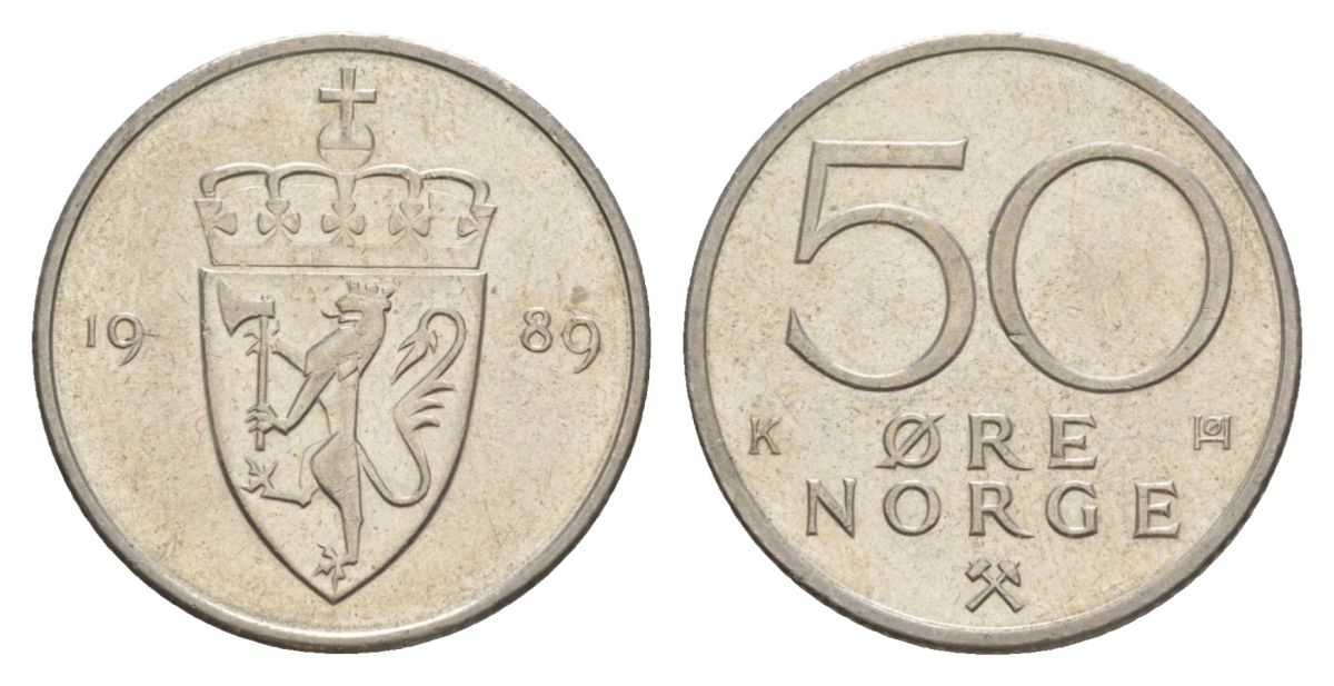 Норвегия 50 эре 1989 Улаф V (1957-1991) KM 418 медно-никель UNC 4635-515