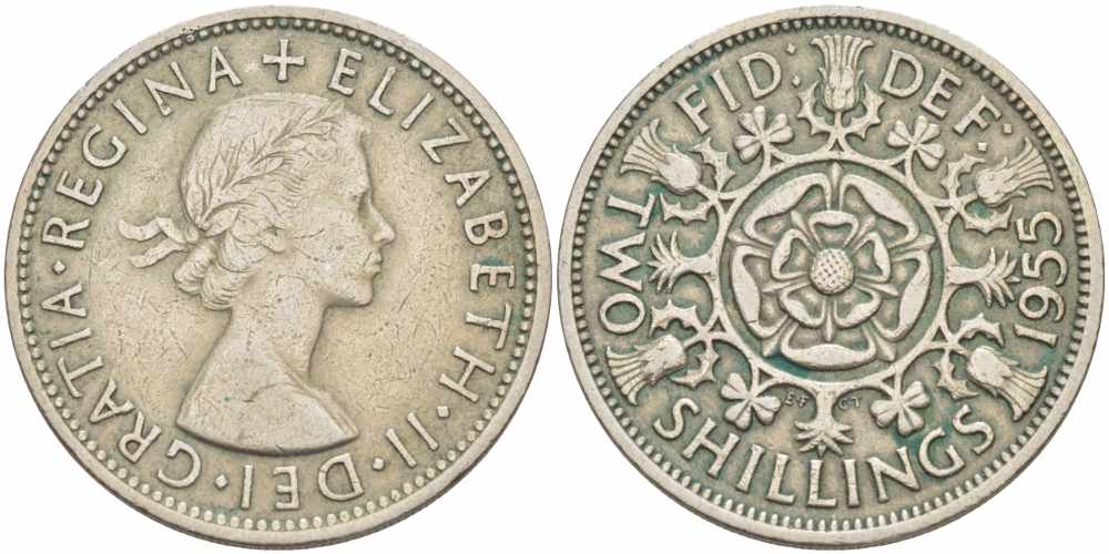 Великобритания 2 шиллинга (флорин) 1955 Елизавета II (1952-2022) KM 906, Spink 4146 медно-никель 41-234