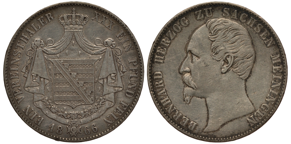 Саксен-Мейнинген 1 талер 1866 Бернгард II Эрих Фрейнд Саксен-Мейнингенский (1821-1866) Jaeger 450, Thun 379, AKS 184, Kahnt 505, KM 167 серебро 00-806-39