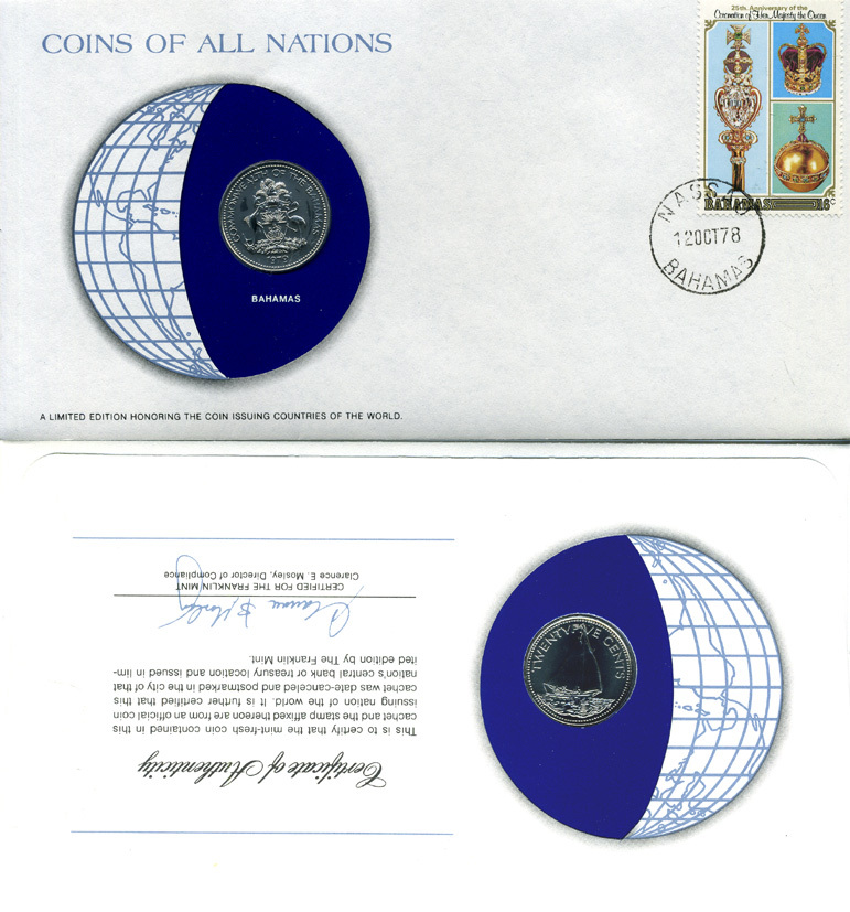 Багамские острова 25 центов 1979 КОНВЕРТ С МАРКОЙ ПЕРВОГО ДНЯ ГАШЕНИЯ, COINS OF NATIONS KM 63.1 никель BUNC 4294-19-1