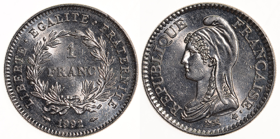 Франция 1 франк 1992 200 лет Французской республике KM 1004.1, Le Franc 229.2 никель 4610-855