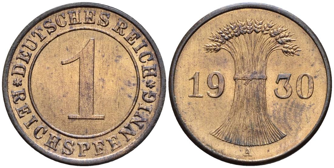 ГЕРМАНИЯ 1 РЕЙХСПФЕННИГ 1930 A KM 37, J. 313, Weege 2 бронза 4547-148