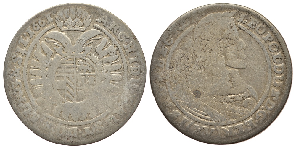 Австрия, Священная Римская империя 15 крейцеров 1661 Леопольд I (1657-1705), монетный двор Гратц KM 1187 серебро 413-133