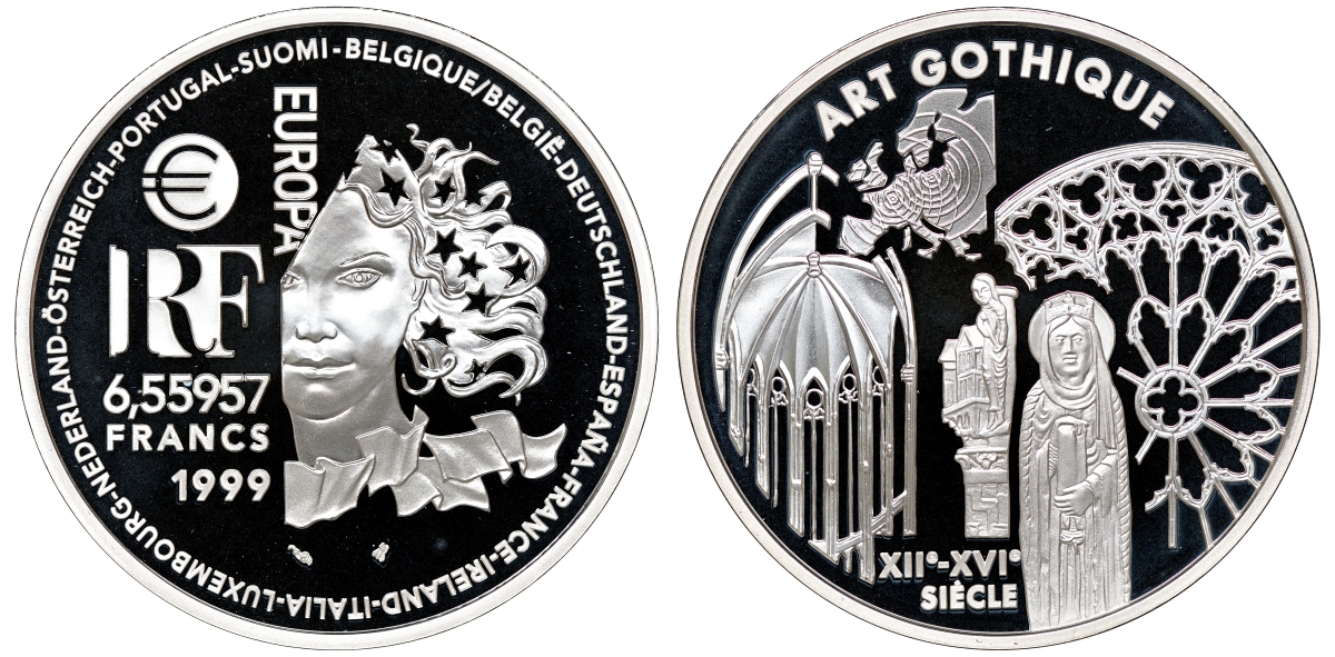 Франция 1 евро = 6,55957 франков 2000 готический стиль в архитектуре (XII-XVI веков) в коробке с сертификатом KM 1246 серебро PROOF 4-3-3-12