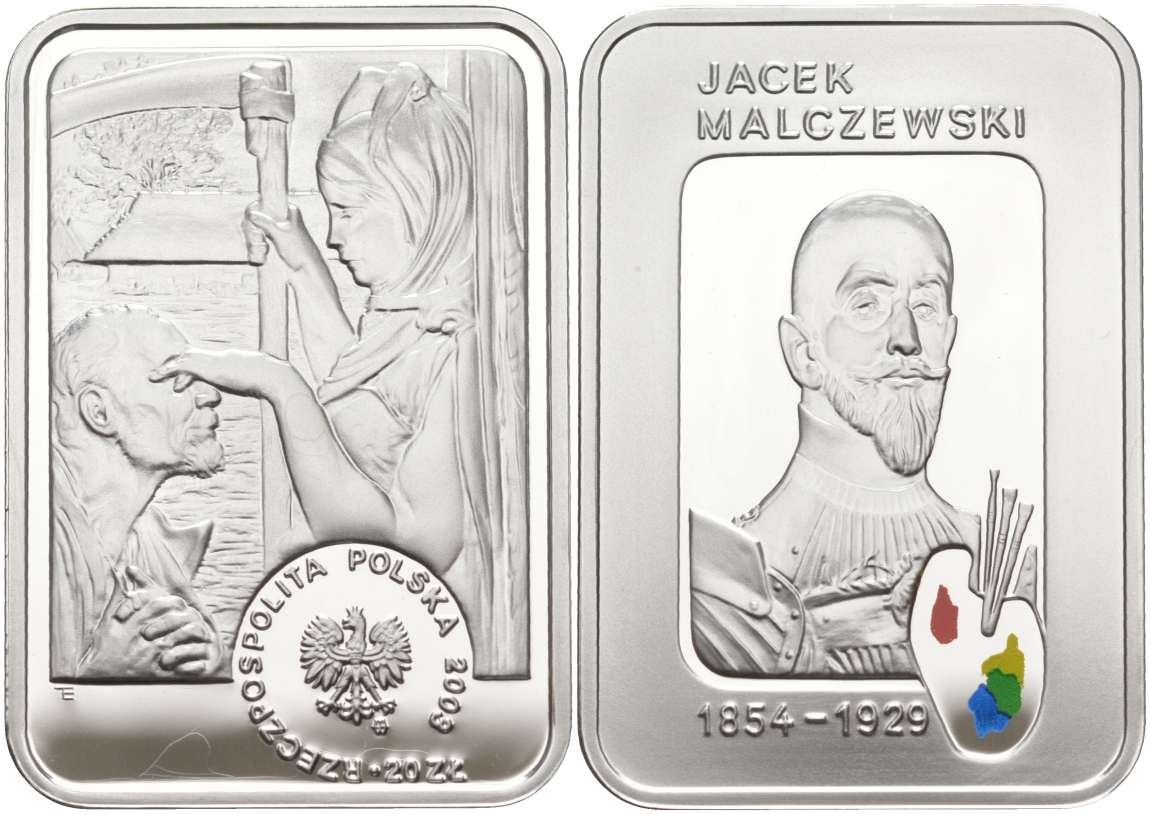 Польша 20 злотых 2003 Ясек Малжевски, аллегория Смерти закрывающей глаза старику, цветная эмаль, в оригинальной пластиковой коробке KM 478 серебро PROOF 1090-2-43