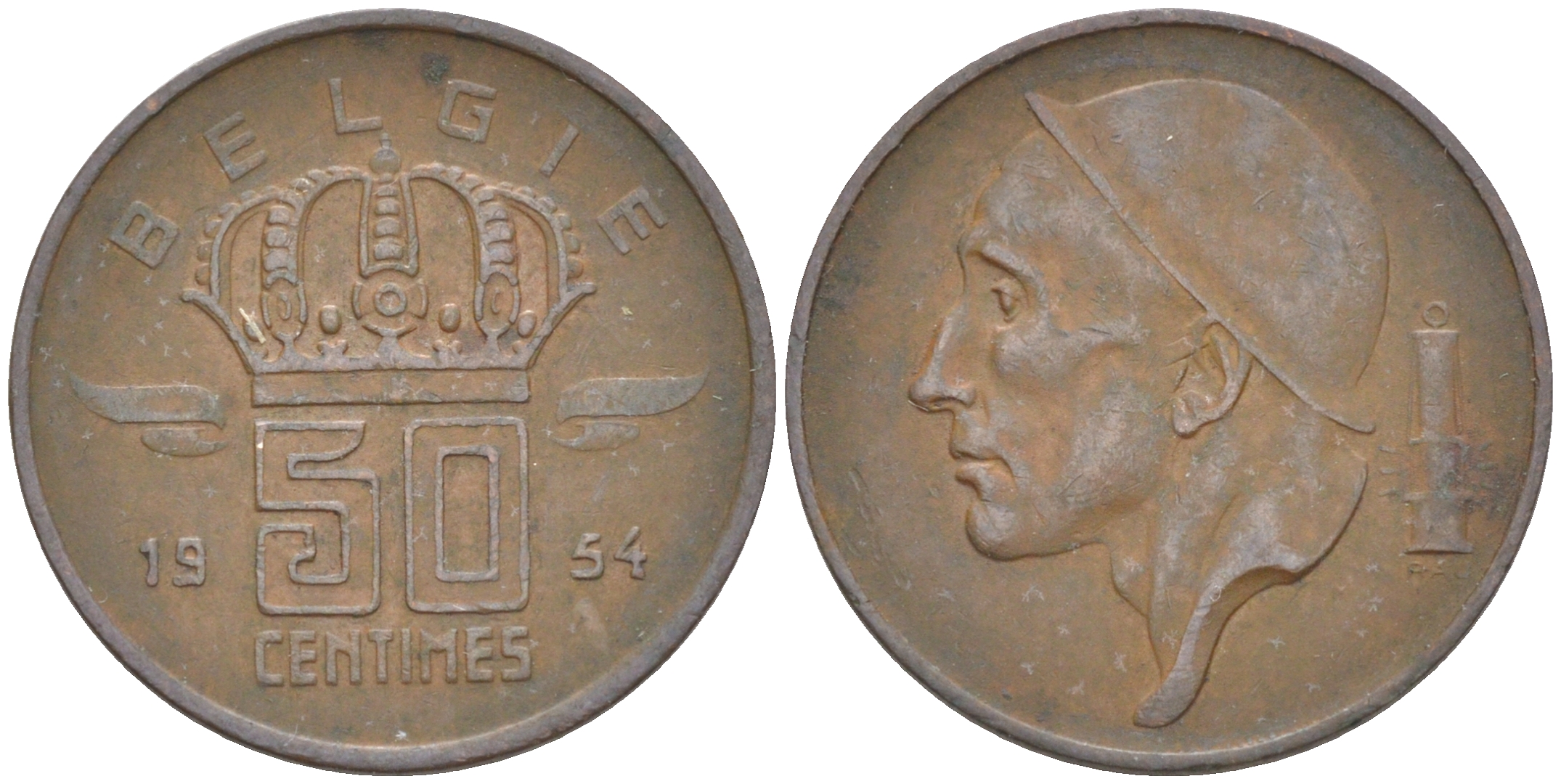 БЕЛЬГИЯ 50 САНТИМОВ 1954 BELGIE KM 145 бронза 187-866