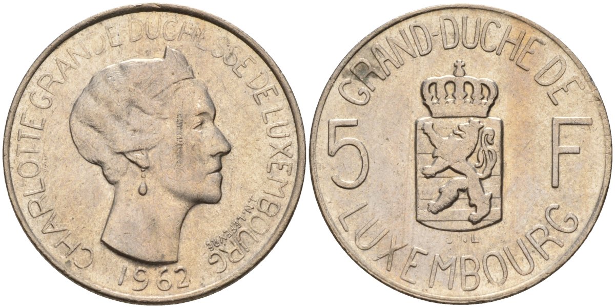 Люксембург 5 франков 1962 Великая герцогиня Шарлотта (1919-1964) KM 51 медно-никель 4143-1252