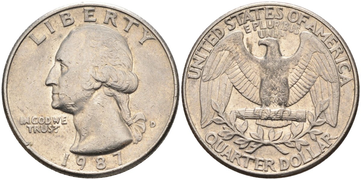 США 25 центов = квотер 1987 D, Вашингтон KM A164a медь плакированная медно-никелем 4584-1241