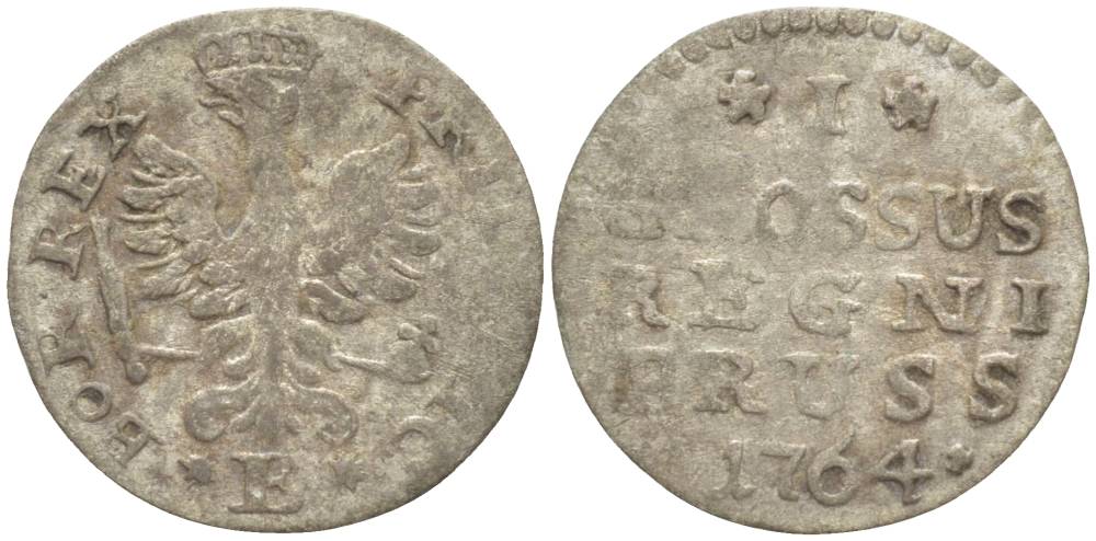 Польша, Восточная Пруссия 1 грош 1764 Е, Фридрих II Прусский (1740-1786), вес 0,53 гр., монетный двор Кенигсберг KM 8, Olding 232b, v. Schrotter 1245 серебро 1517-1232