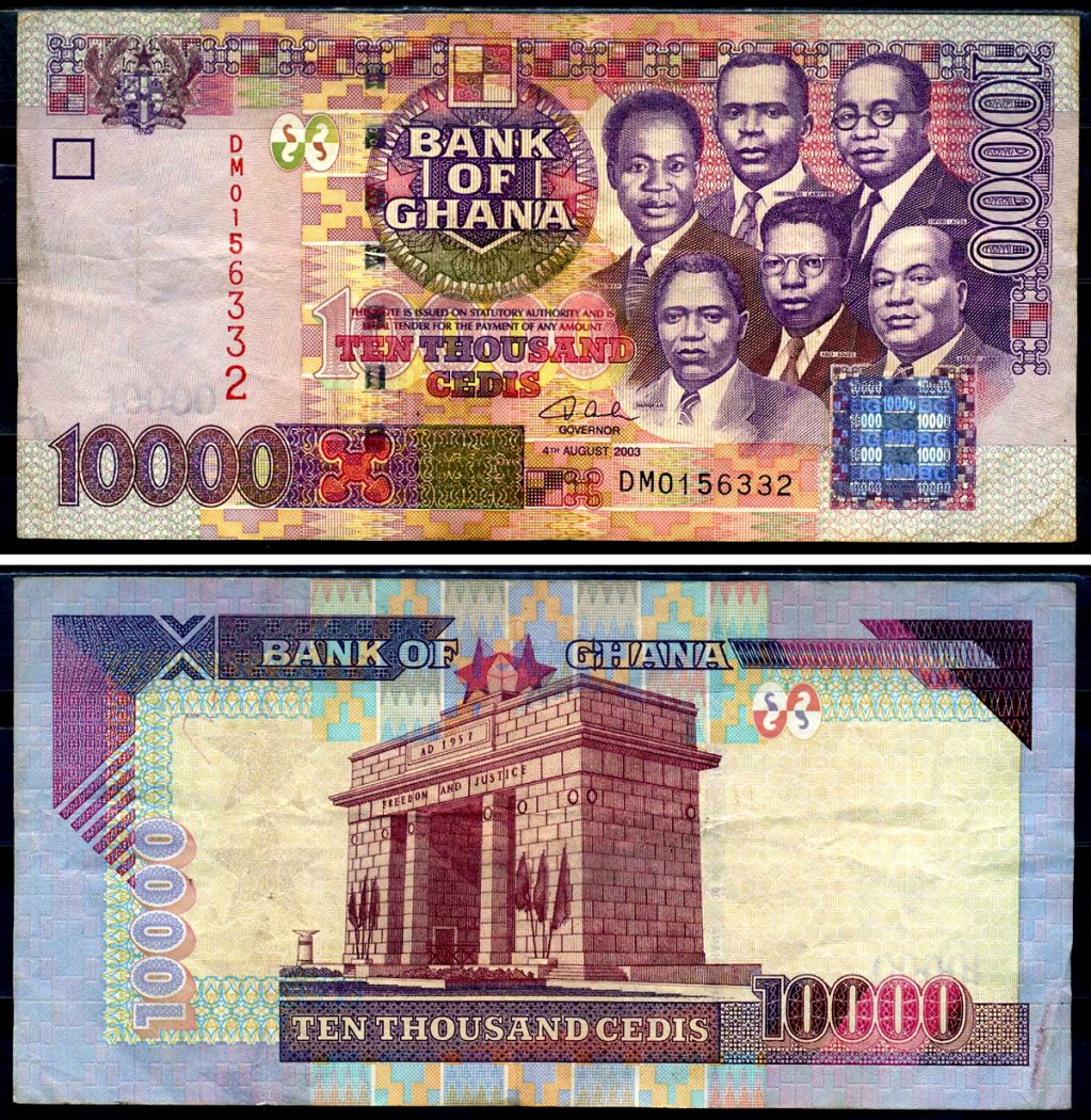 Гана 10000 седи 2003 шесть лидеров Ганы, арка Независимости, Аккра, серия DM Pick 35 b бумага 6279-14-2-2