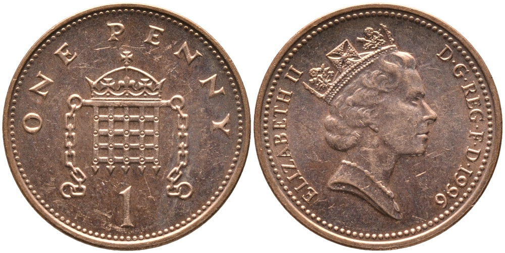 Великобритания 1 пенни 1996 Елизавета II (1952-2022) KM 935a, Spink 4391 (B4) сталь плакированная медью 65-915