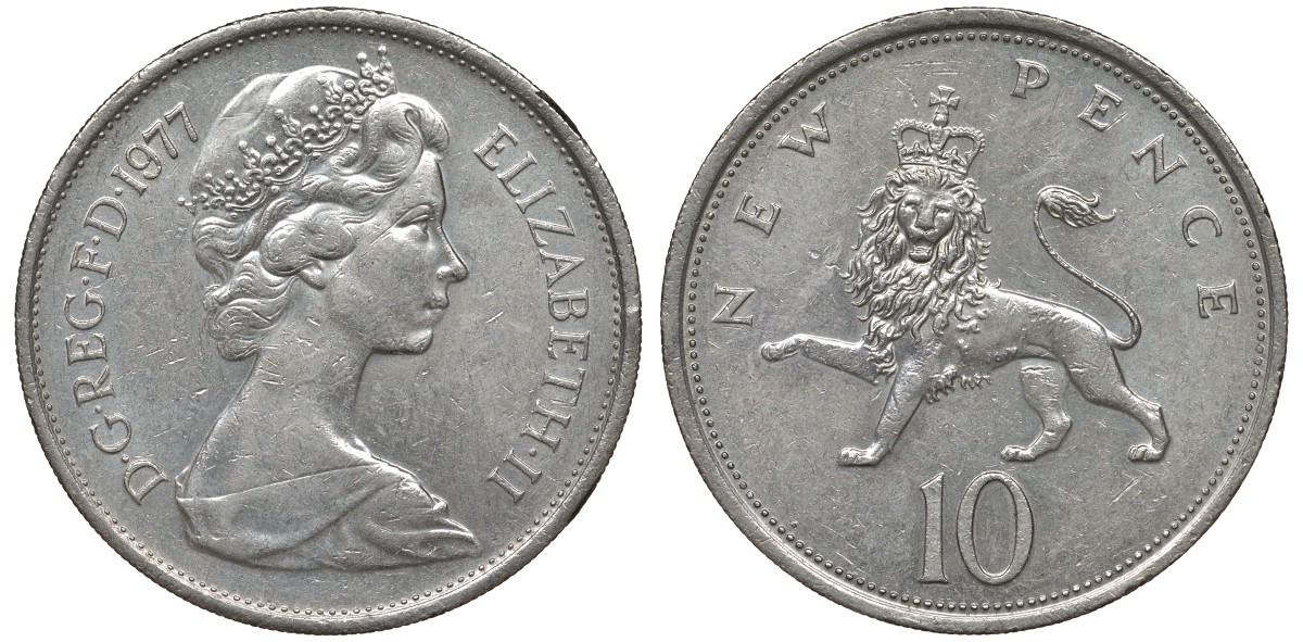 Великобритания 10 пенсов 1977 Елизавета II (1952-2022) KM 912, Spink 4231 (F1) медно-никель 4131-343