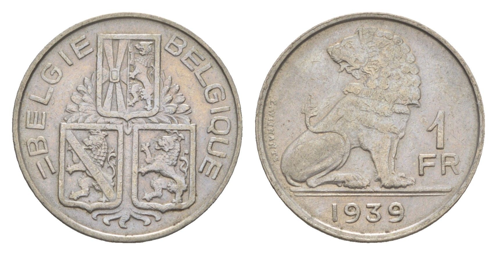 Бельгия 1 франк 1939 Belgie - Belgique, Леопольд III (1934-1951) KM 120 никель 4173-812