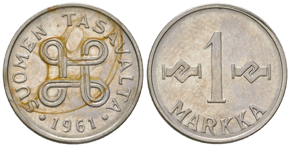 Финляндия 1 марка 1961 KM 36a сталь плакированная железом 4173-1258