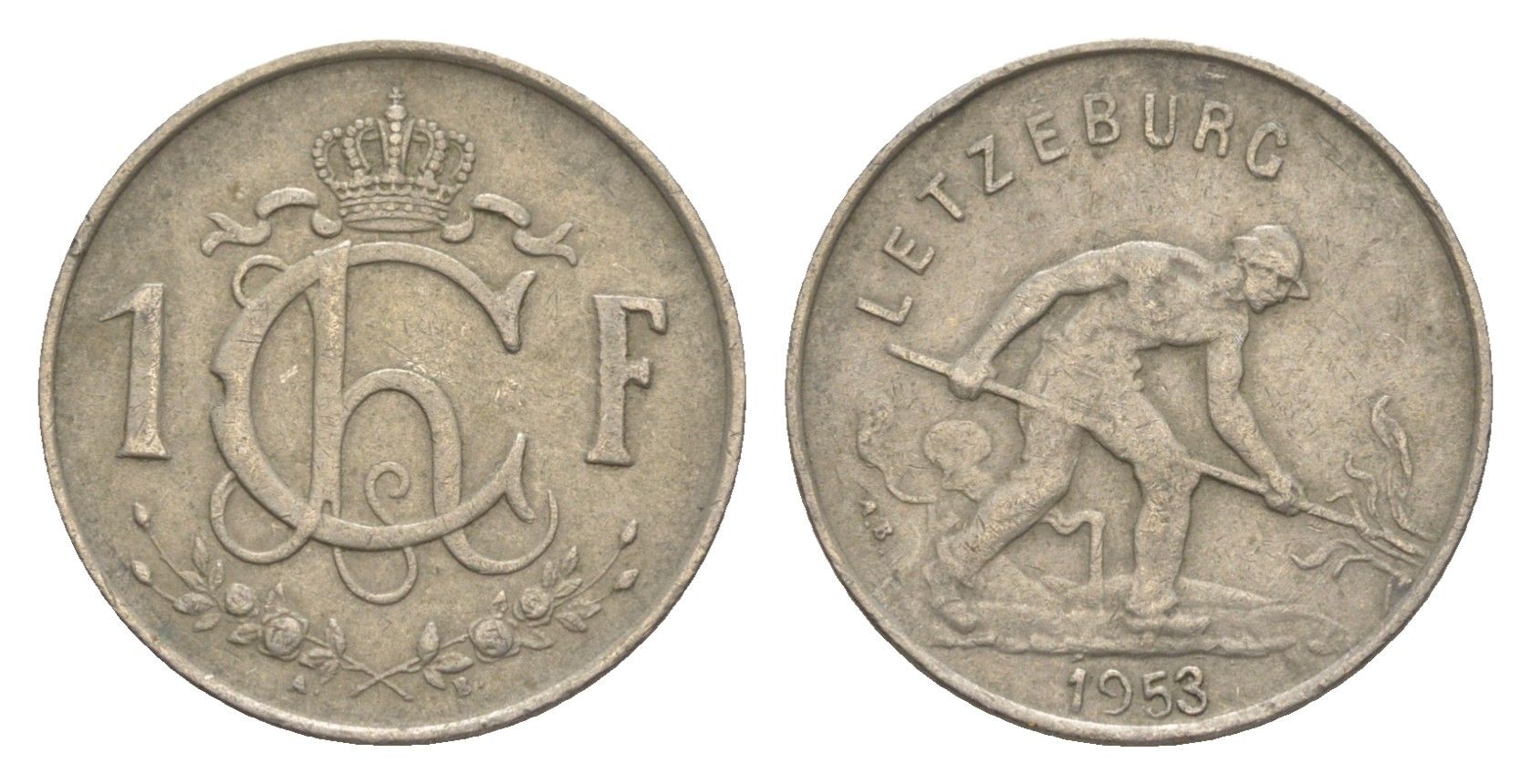 Люксембург 1 франк 1953 сталева KM 46.2 медно-никель 4649-669