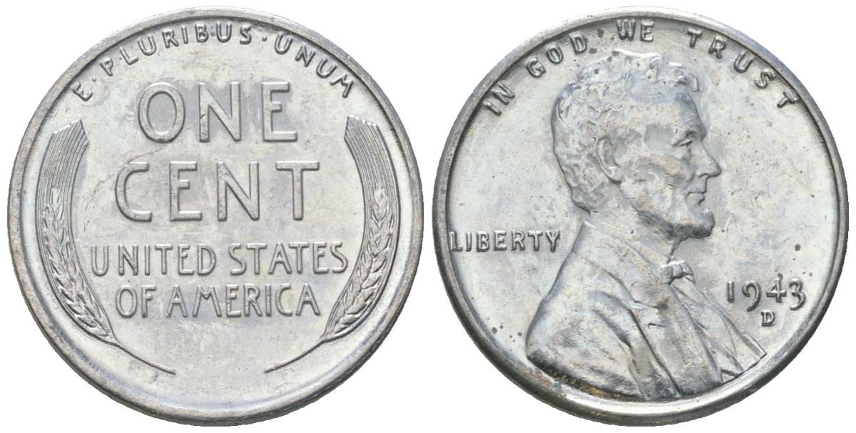 США 1 цент 1943 D, Авраам Линкольн KM 132 a сталь покрытая цинком aUNC 112-524