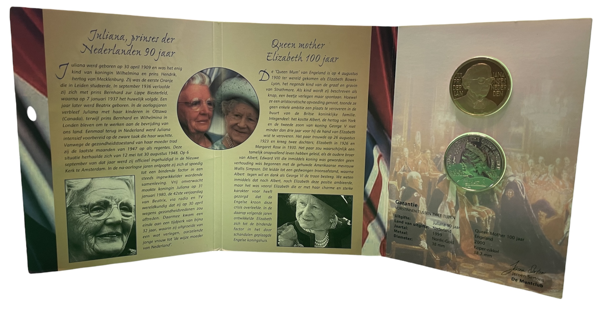 Нидерланды и Великобритания набор из медали и 5 фунтов  90 лет принцессе Юлиане и 100 лет королеве Елизавете, королеве-матери, буклет UNC 7-6-1-32