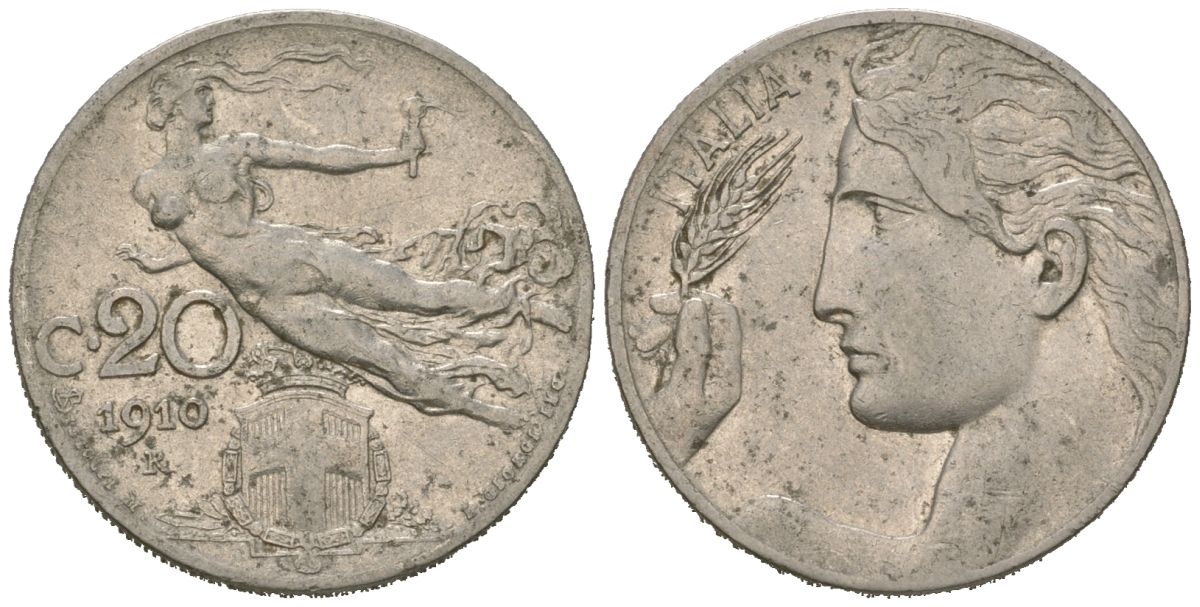 Италия 20 чентезимо 1910 R, Виктор Эммануил III (1900-1946) KM 44 никель 4615-625