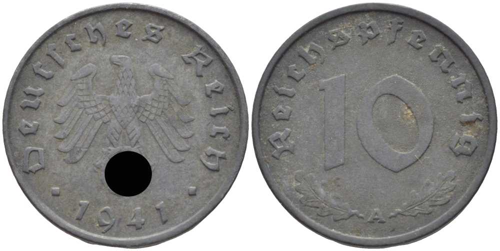 ГЕРМАНИЯ 10 РЕЙХСПФЕННИГОВ 1941 А KM 101, J. 371 цинк 4401-722