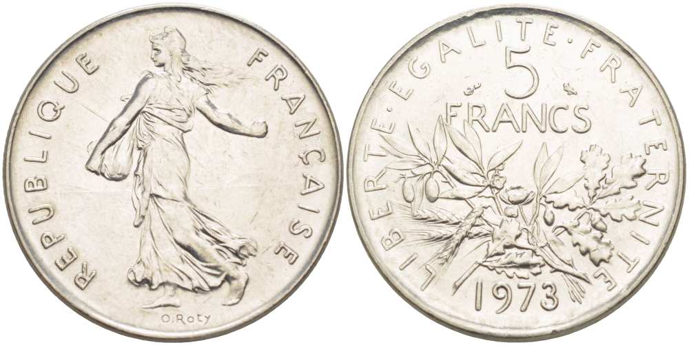 ФРАНЦИЯ 5 ФРАНКОВ 1973 СЕЯТЕЛЬ KM 926а.1, LE FRANC 341.5 медно-никель плакированный никелем 215-612