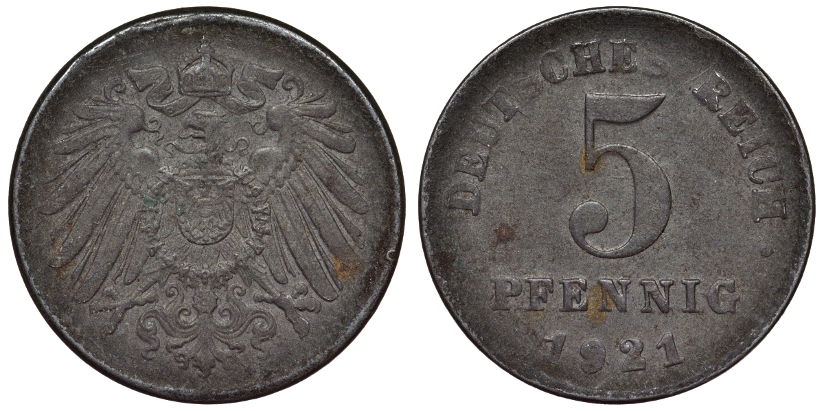 Германия 5 пфеннигов 1921 D KM 19, J. 297, Weege 5 железо 4118-1211