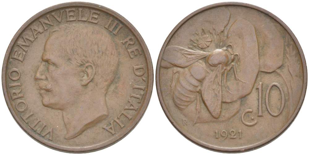 ИТАЛИЯ 10 ЧЕНТЕЗИМО 1921 R, МОНДВОР РИМ, ВИКТОР ЭММАНУИЛ III (1900-1946) KM 60 медь 4525-232