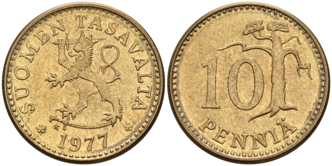 ФИНЛЯНДИЯ 10 ПЕННИ 1977 K KM 46 алюминиевая бронза 192-1042