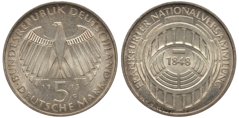 ФРГ 5 МАРОК 1973 G, 125 ЛЕТ ФРАНКФУРТСКОМУ ПАРЛАМЕНТУ KM 137, J. 412 серебро 413-4813
