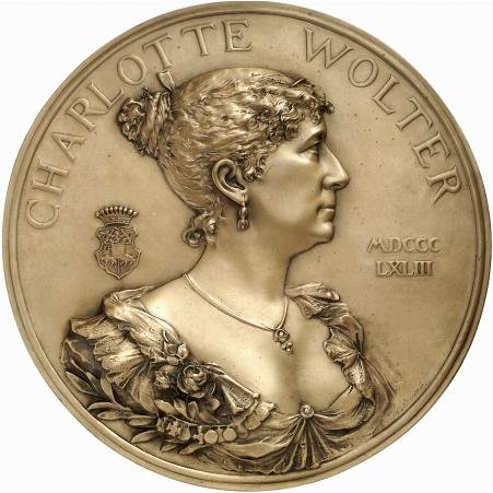 Германия медаль - плакетка 1893 великая актриса Шарлотта Вольтер, 146,2 мм бронза UNC 7-5-6-36
