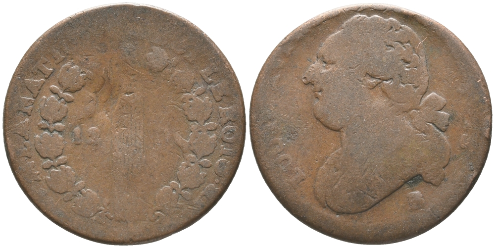 ФРАНЦИЯ 12 ДЕНЬЕ ND В, ЛЮДОВИК XVI (1774-1793) KM 600.3 (С88.3) бронза 32-625