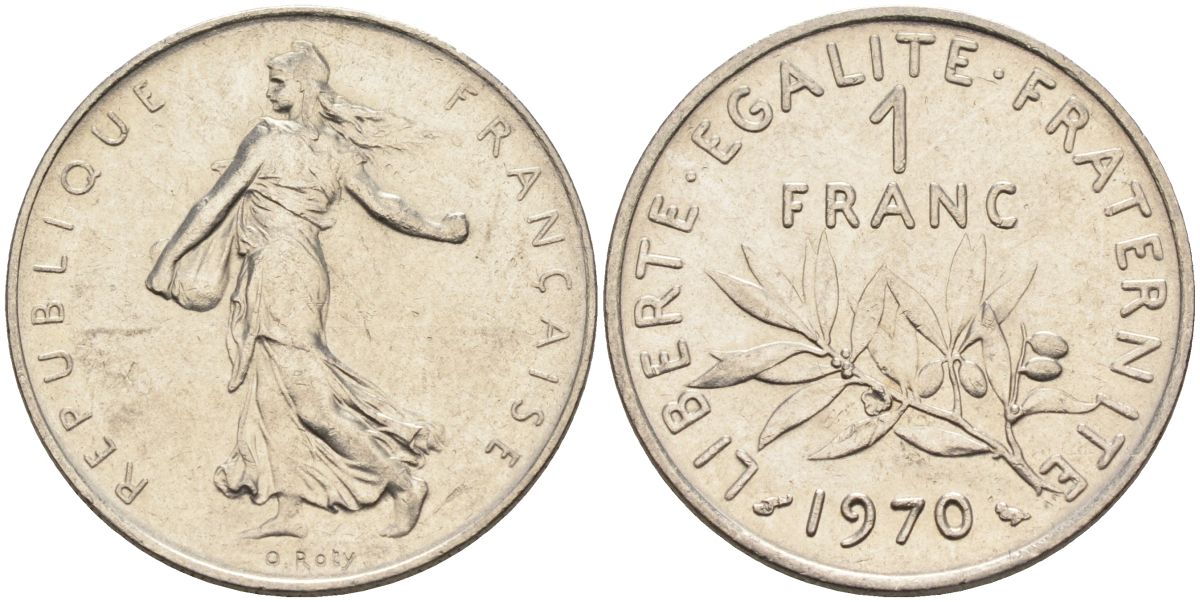 Франция 1 франк 1970 сеятель, тип Semeuse KM 925, Le Franc 226.15 никель 4592-1114