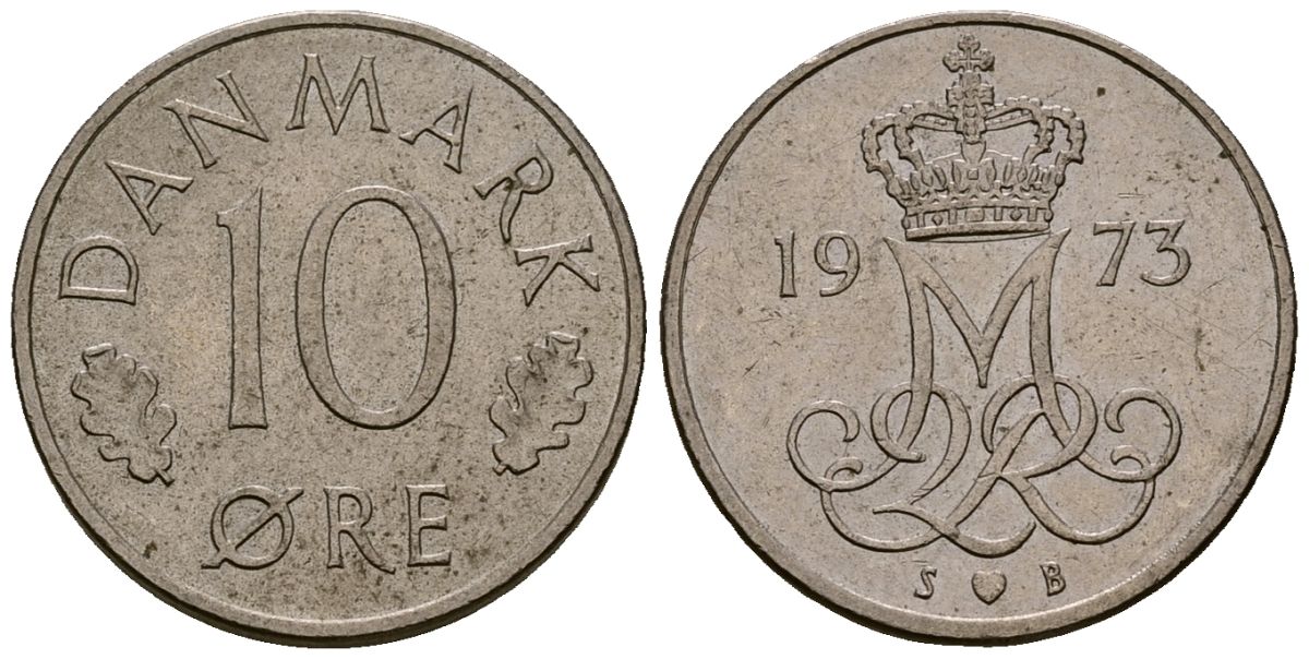 Дания 10 эре 1973 Маргрете II (1973 - 1988) KM 860 медно-никель 4173-724