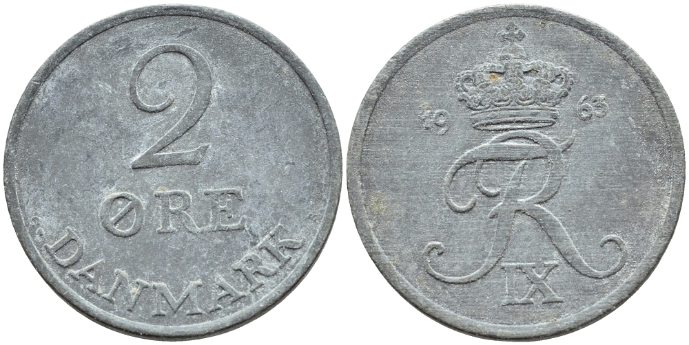 ДАНИЯ 2 ЭРЕ 1963 C; S, ФРЕДЕРИК IX (1947-1972) KM 840.2 цинк 26-828