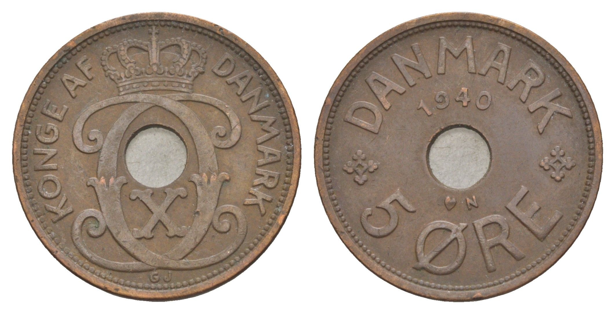 Дания 5 эре 1940 N, Кристиан X (1912-1947) KM 828 бронза 4638-635