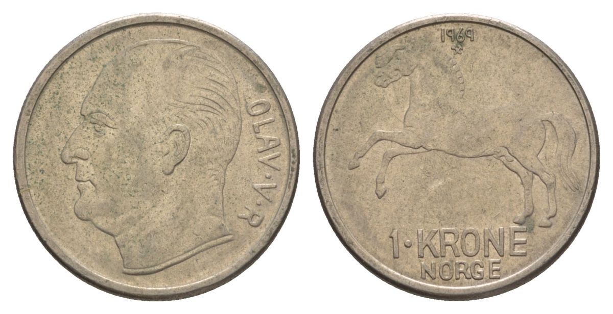 Норвегия 1 крона 1969 Улаф V (1957-1991) KM 409 медно-никель 4635-652