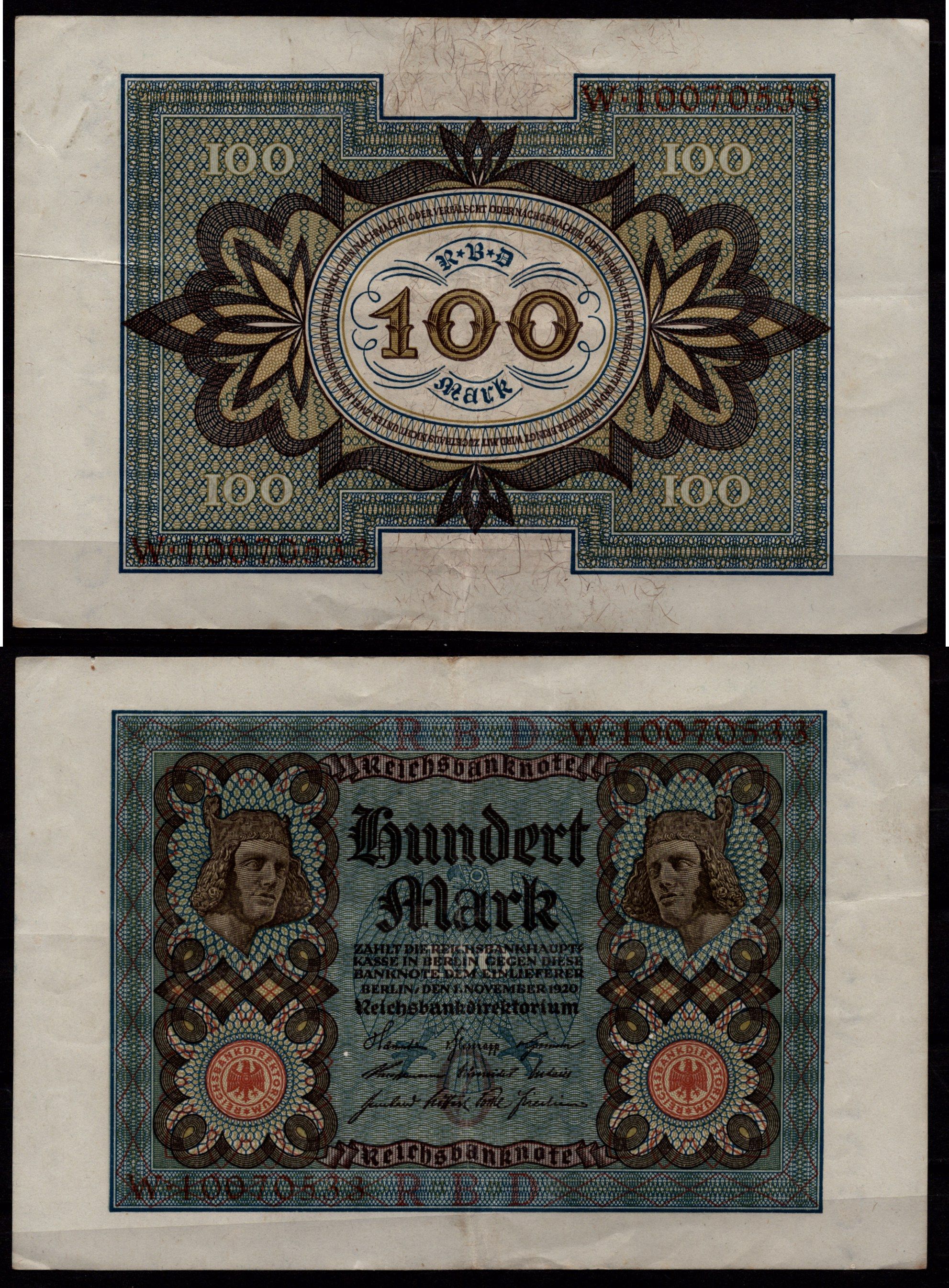 Германия 100 марок 1920 «Бамбергский всадник» (Bamberger Reiter) из оперы «Купол Бамберга» Pick 69 b бумага 7547-27-4-2