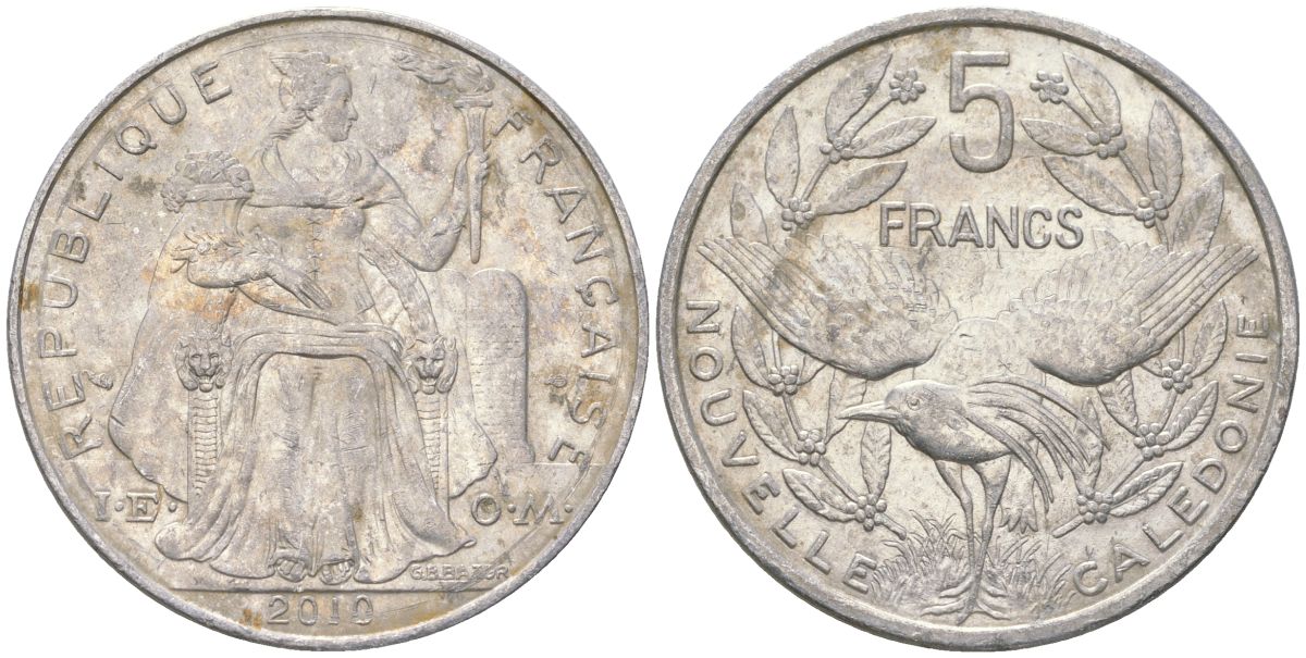 Французская Новая Каледония 5 франков 2010 птица кагу, (IEOM) KM 16, Schoen 12, Lec 81k алюминий 4111-533