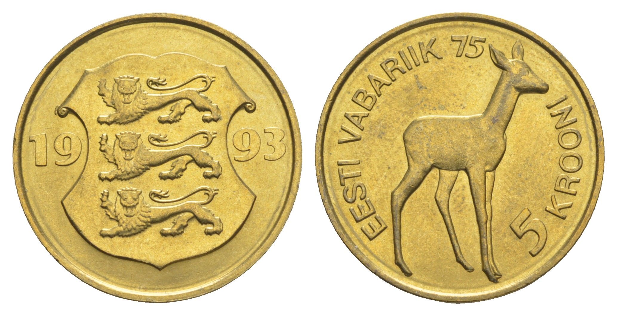 Эстония 5 крон 1993 75 лет Эстонской республике KM 29 латунь UNC 4652-935