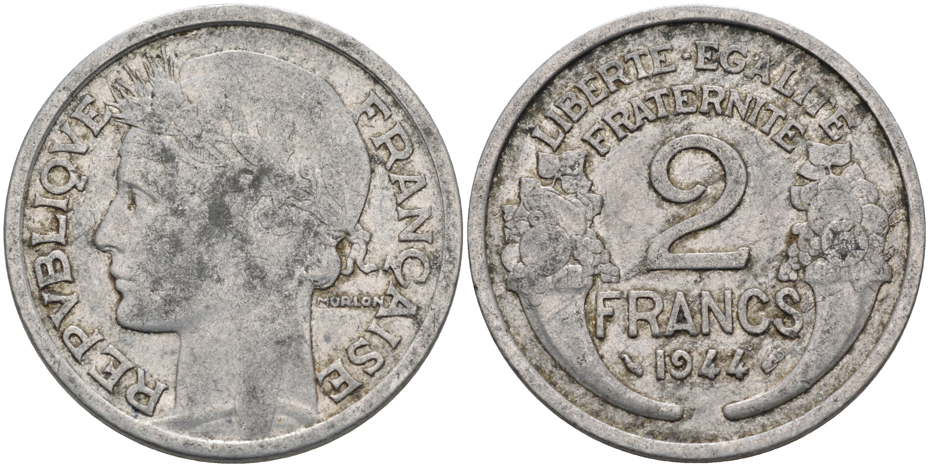 ФРАНЦИЯ 2 ФРАНКА 1944 KM 886а.1 алюминий 4589-557