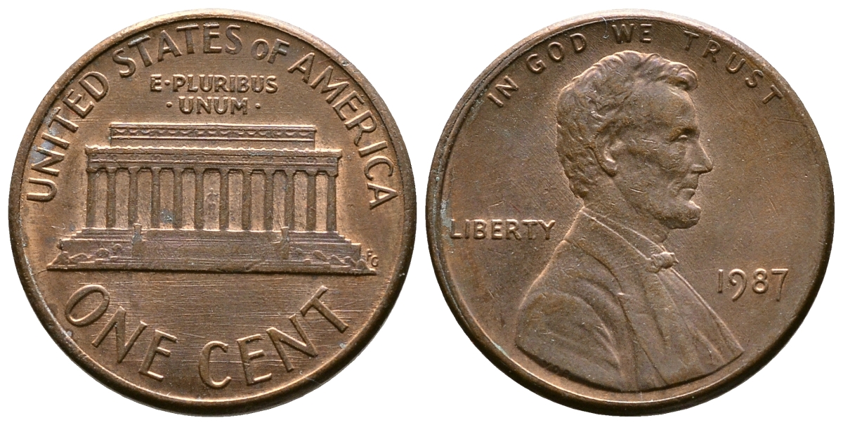 США 1 цент 1987 Линкольн KM 201b цинк плакированный медью    4608-419
