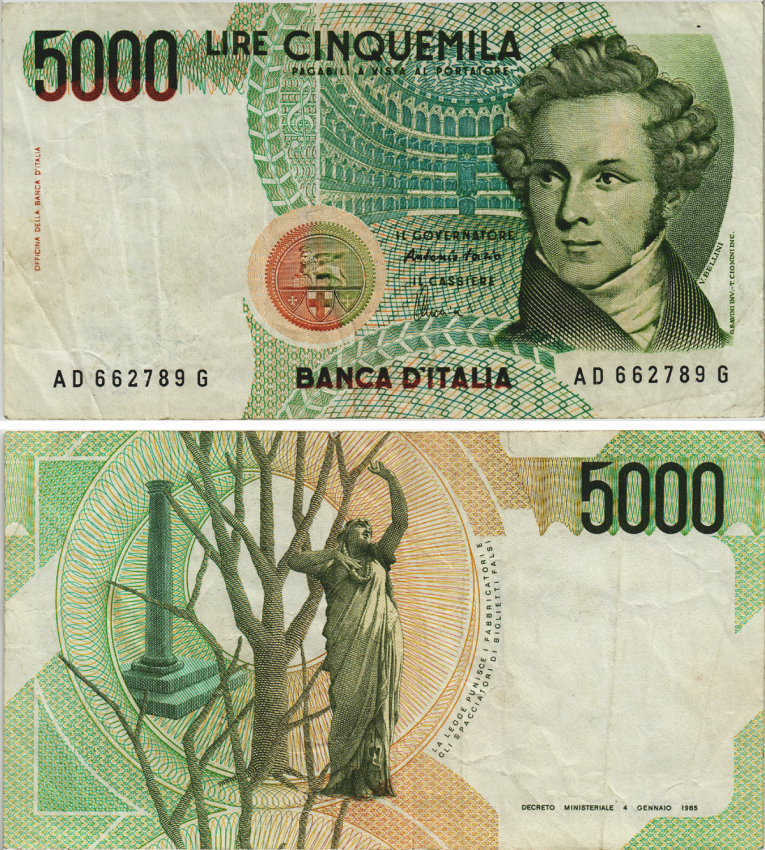 Италия 5000 лир 1985 Колизей, Беллини, подпись Fazio and Amici Pick 111c бумага 8564-31-3-1