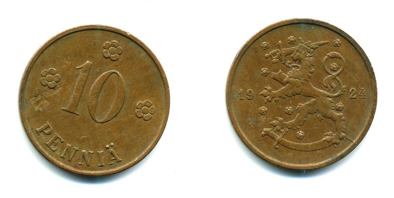 Финляндия 10 пенни 1924 республика (1918-1962) KM 24 медь 46-1843