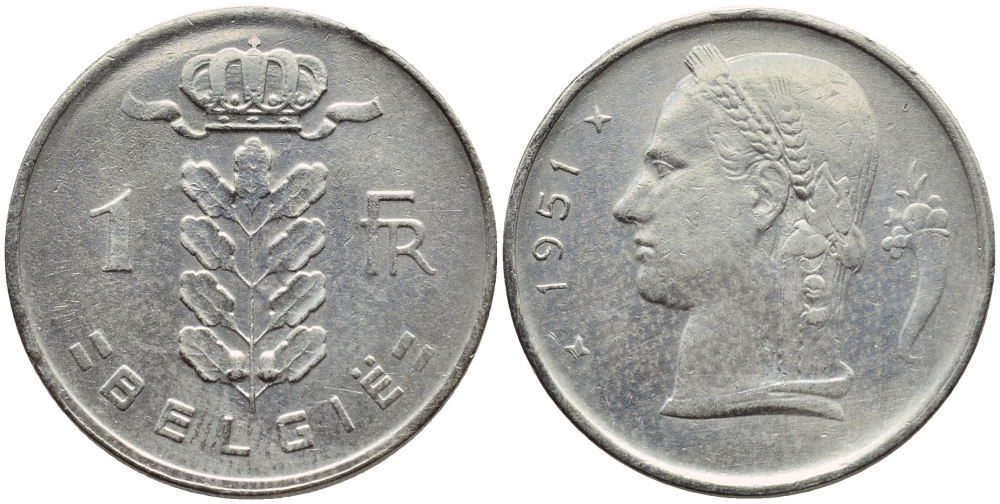 БЕЛЬГИЯ 1 ФРАНК 1951 BELGIE KM 143.1 медно-никель 4390-231