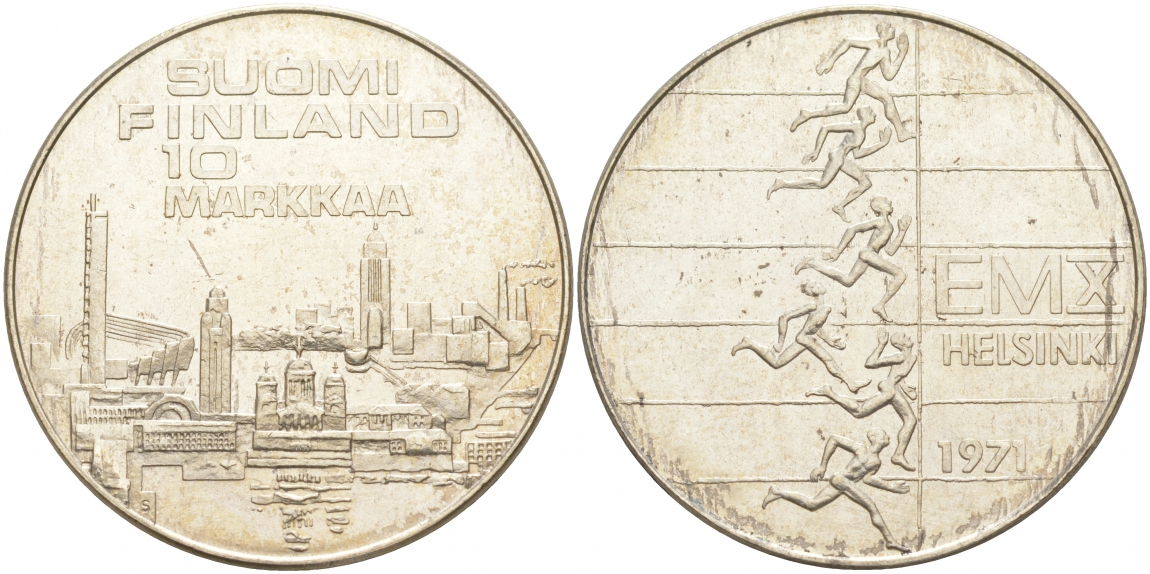 Финляндия 10 марок 1971 S-H, X Чемпионат Европы по легкой атлетике KM 52 серебро UNC 1521-1141